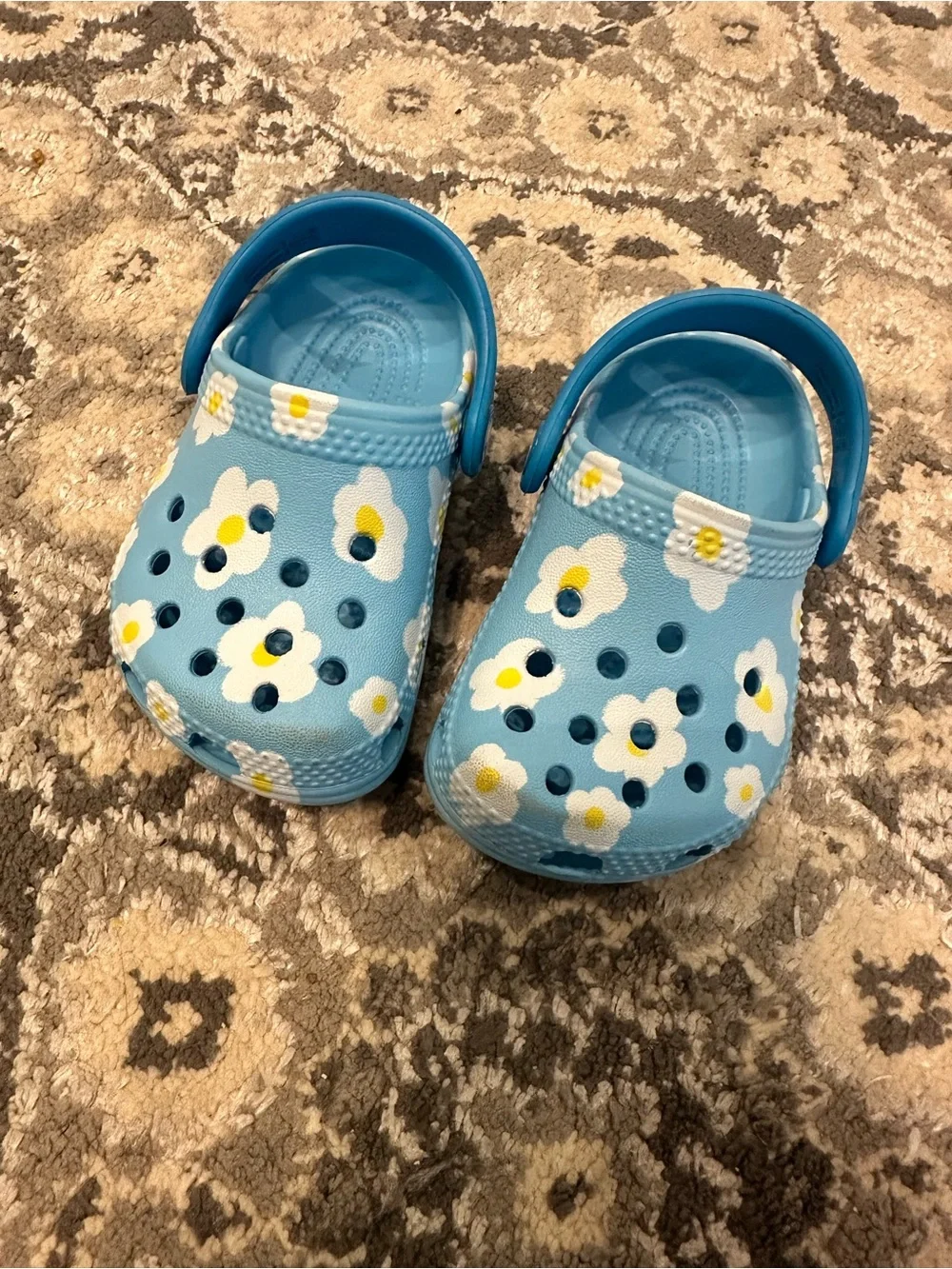 CROCS Light Blue Floral Kids Clogs with Yellow Centers